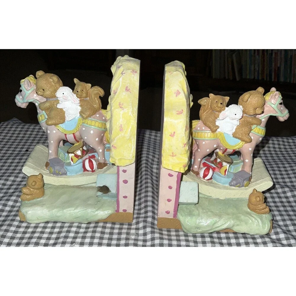 Ceramic Rockinghorse Teddy Bear, Rabbit, Squirrel, Bookends Vintage Adorable